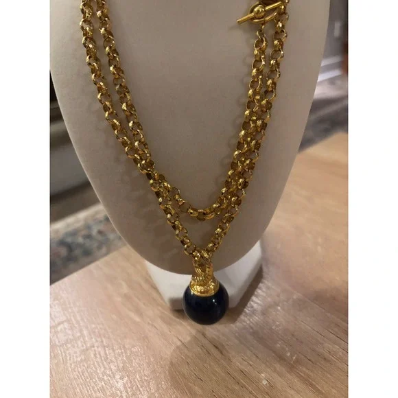 Anne Klein Gold Tone long Strand Rolo Chain Navy Blue Orb Pendant Necklace VTG - Picture 2 of 9